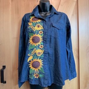 Sunflower embroidered soft denim button up blouse